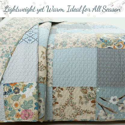 Sky Blue Floral Patens Ogee Patchwork Cotton Quilt Bedding Set