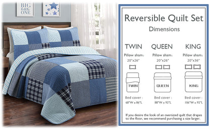 Navy Klein Blue Plaid Stripe Tartan Patchwork Cotton Reversible Quilt Bedding Set