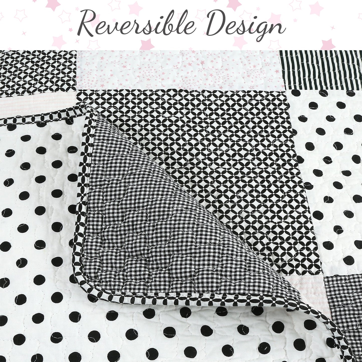 Halftone Black White Subtle Pink Polka Dot Patchwork Cotton Quilt Bedding Set