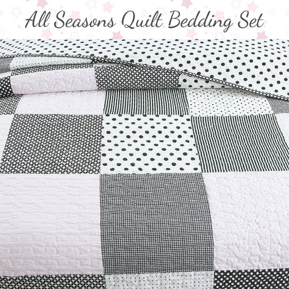 Halftone Black White Subtle Pink Polka Dot Patchwork Cotton Quilt Bedding Set