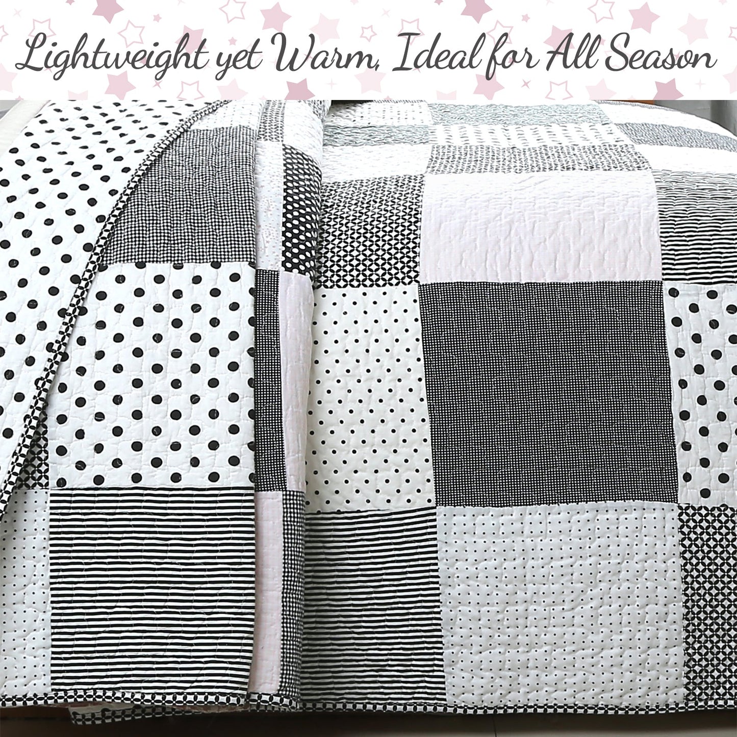 Halftone Black White Subtle Pink Polka Dot Patchwork Cotton Quilt Bedding Set