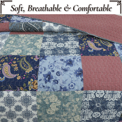 Country Cozy Blue Rose Floral Paisley Garden Cotton 3 Piece Patchwork Quilt Bedding Set