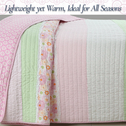 Pink Floral Fun Whimsy Gingham Stripe Cotton Quilt Bedding Set