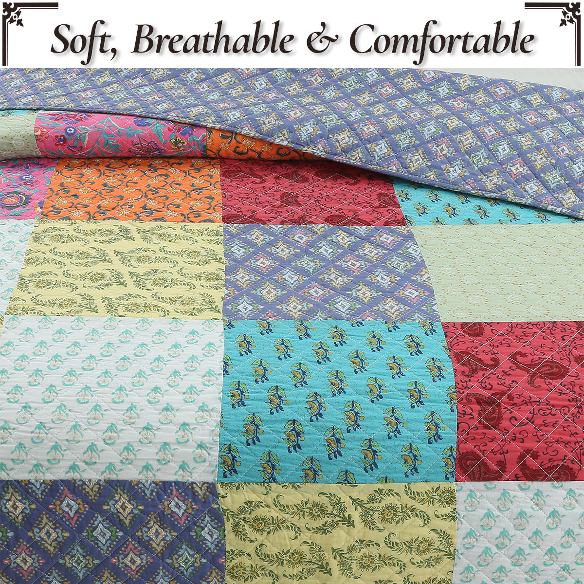 Bold Bright Multi Color Boho Floral Patchwork 3 Piece Cotton  Quilt Bedding Set