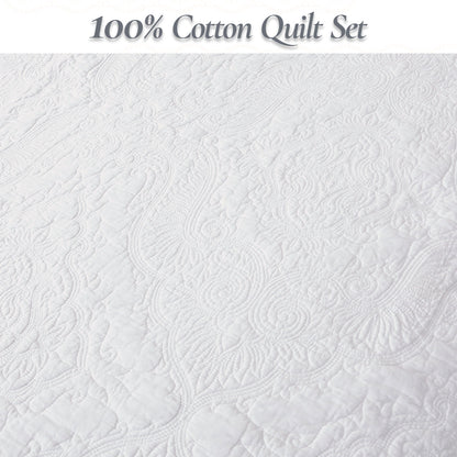 Classic Orient Damask Medallion Stitch Solid White 100% Cotton 3 Piece Quilt Bedding Set