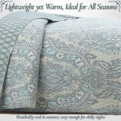 Ornate Paisley Medallion Grey Blue Cotton 3 Piece Queen Quilt Bedding Set