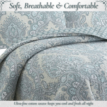 Ornate Paisley Medallion Grey Blue Cotton 3 Piece Queen Quilt Bedding Set
