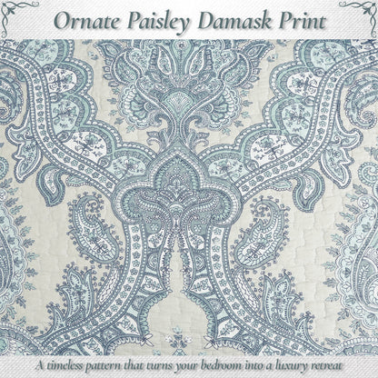 Ornate Paisley Medallion Grey Blue Cotton 3 Piece Queen Quilt Bedding Set
