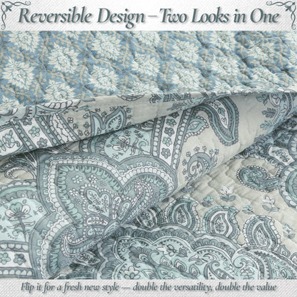 Ornate Paisley Medallion Grey Blue Cotton 3 Piece Queen Quilt Bedding Set