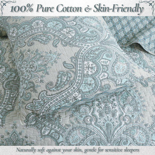 Ornate Paisley Medallion Grey Blue Cotton 3 Piece Queen Quilt Bedding Set