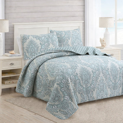 Ornate Paisley Medallion Grey Blue Cotton 3 Piece Queen Quilt Bedding Set