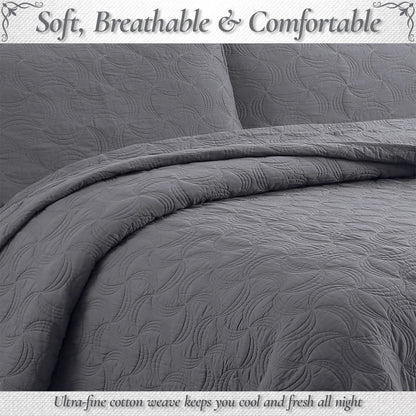 Solid Gray Spiral Swirl Pinwheel 3 Piece Cotton Quilt Bedding Set