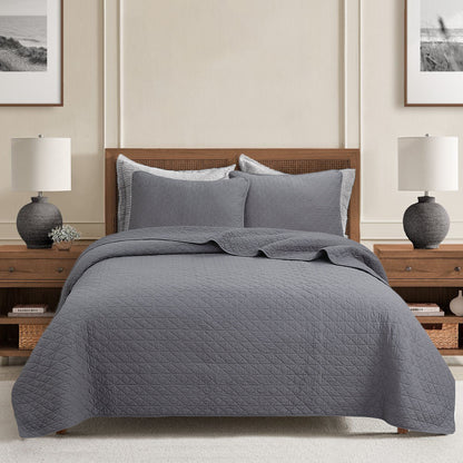 Square Checkered Crisp Clean Solid Chic Gray 3 Piece Cotton Reversible Quilt Bedding Set
