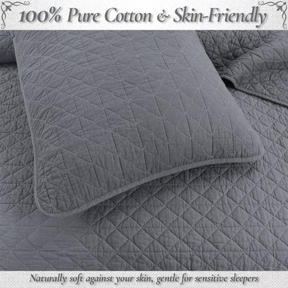 Square Checkered Crisp Clean Solid Chic Gray 3 Piece Cotton Reversible Quilt Bedding Set