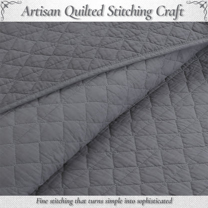 Square Checkered Crisp Clean Solid Chic Gray 3 Piece Cotton Reversible Quilt Bedding Set