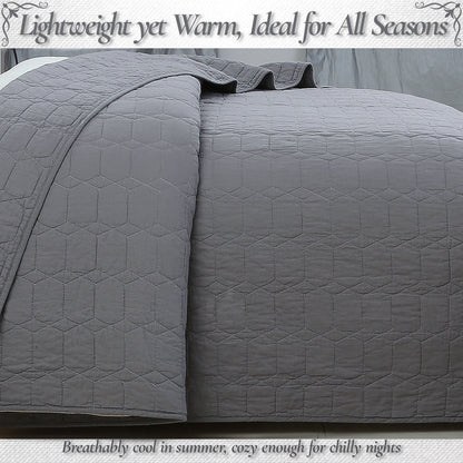 Diamond Honeycomb Solid Chic Gray 3 Piece Cotton Reversible Quilt Bedding Set