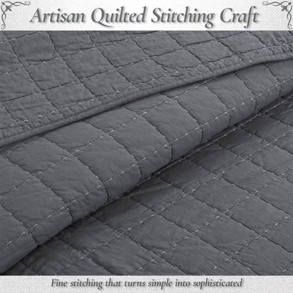 Solid Chic Gray Square Gingham Checkered 3 Piece Cotton Reversible Quilt Bedding Set