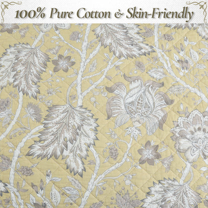 Flaxen Yellow Tan Brown Floral 3 Piece Cotton Quilt Bedding Set