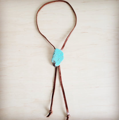 Leather Lariat Boho Necklace w/ Turquoise Slab Accent 263t