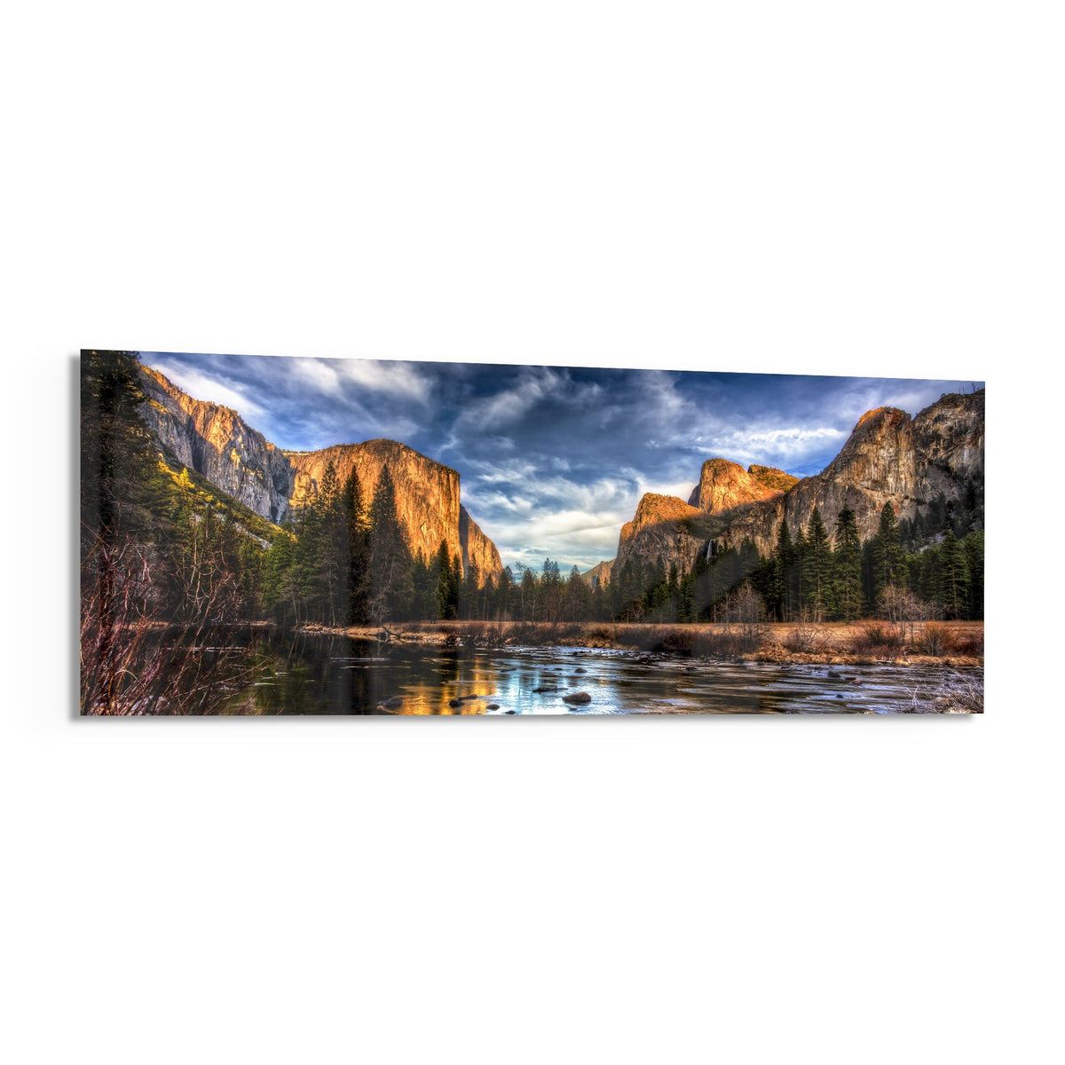 Golden Granite Cliffs River Valley Glass Wall Art