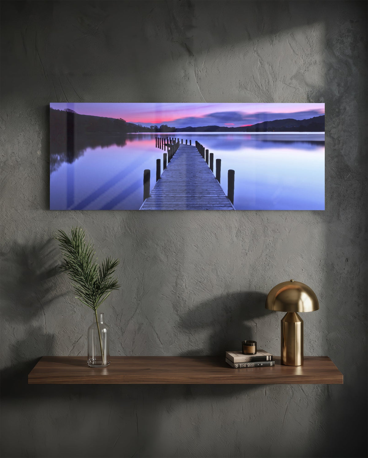 Purple Twilight Wooden Jetty Glass Wall Art