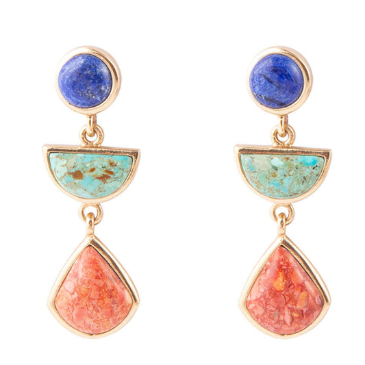 Blue Lapis Turquoise and Orange Sponge Coral Colorful Golden Drop Earrings Otarealm