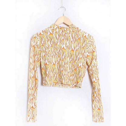 Biker Flame Mock Neck Long Sleeve Crop Top | Bold Printed Fitted Top [Sizes S–XL]
