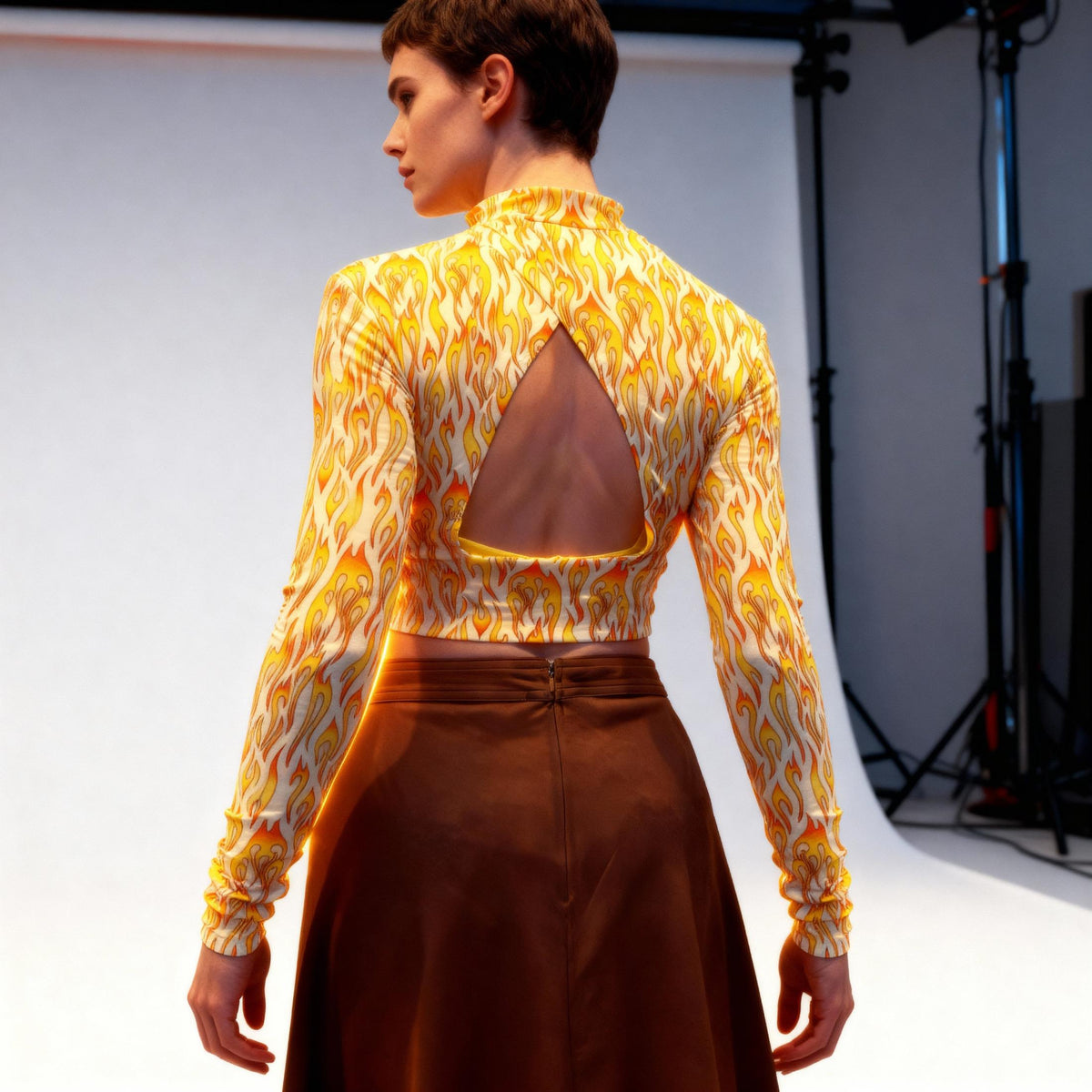 Biker Flame Mock Neck Long Sleeve Crop Top | Bold Printed Fitted Top [Sizes S–XL]