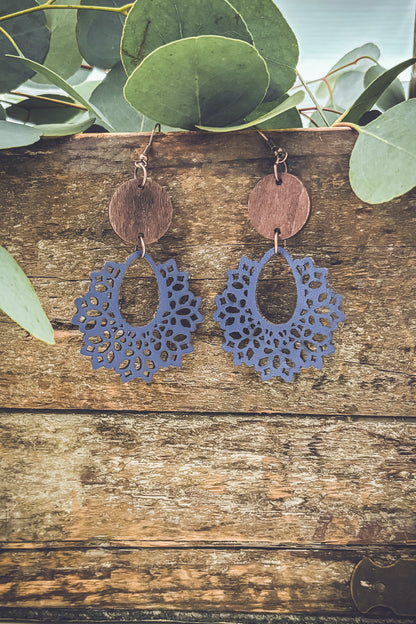 Beautiful Blue Wood and Leather  Earrings