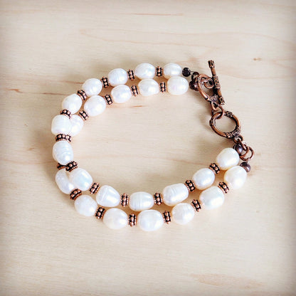 Freshwater Pearl & Copper Boho Beaded Double Strand Bracelet 811y