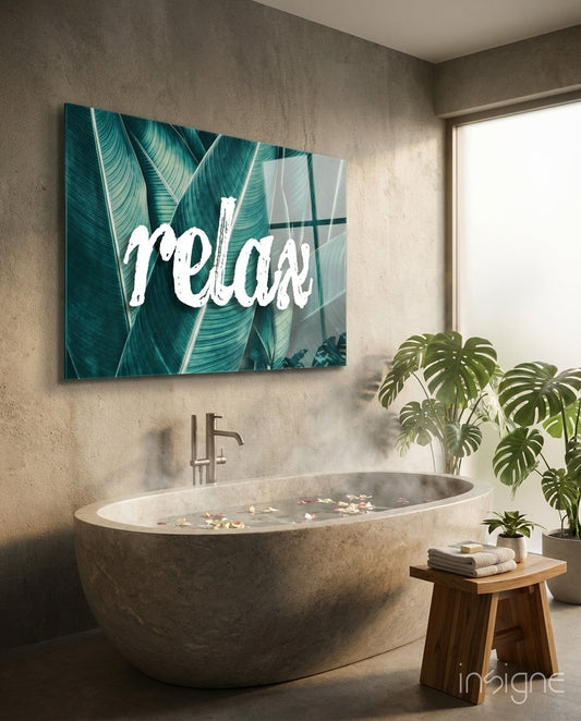 Relax Script on Teal Banana Leaves Glass Wall Art