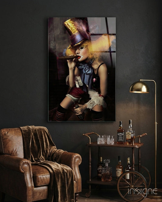 Top Hat Jester Woman With Cigar Glass Wall Art