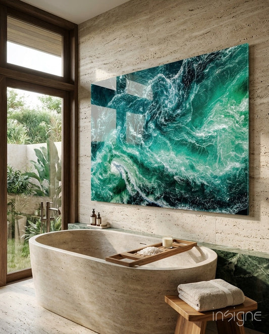 Green Waves Glass Wall Art