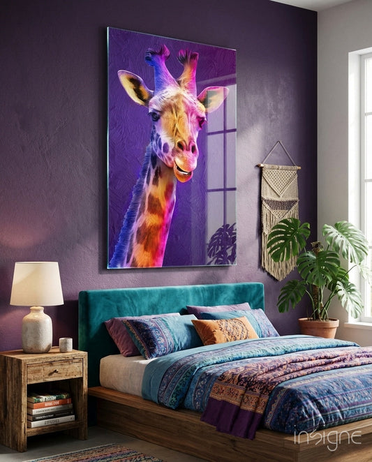 Purple Pink Painted Giraffe Glass Wall Art