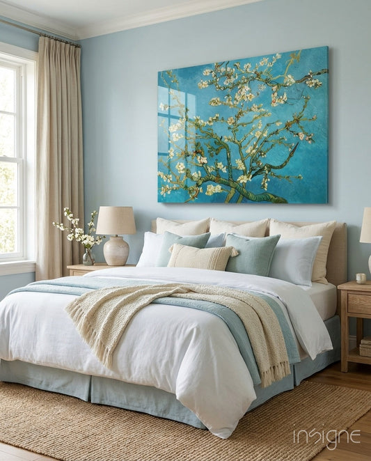 White Blossoms on Turquoise Sky Glass Wall Art