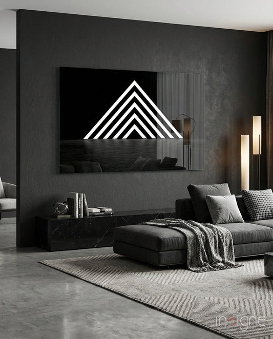 Glowing Chevron Pyramid on Black Glass Wall Art