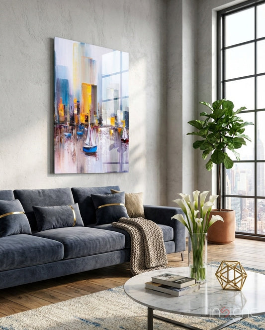 Colorful Harbor Sailboat City Glass Wall Art