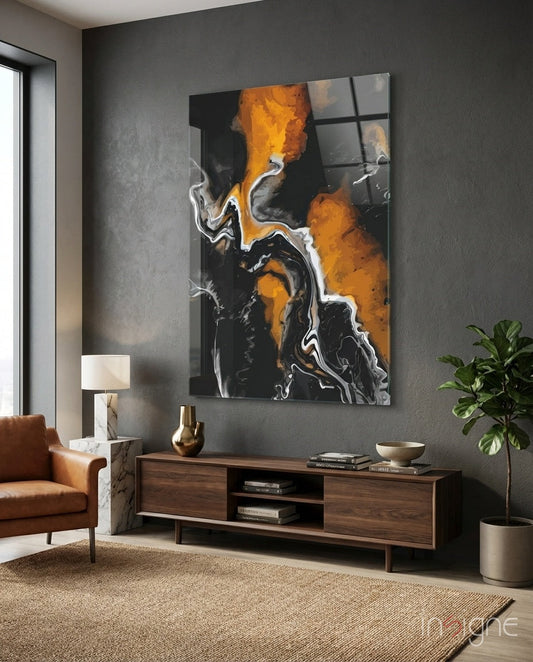 Orange Flame Black Fluid Glass Wall Art