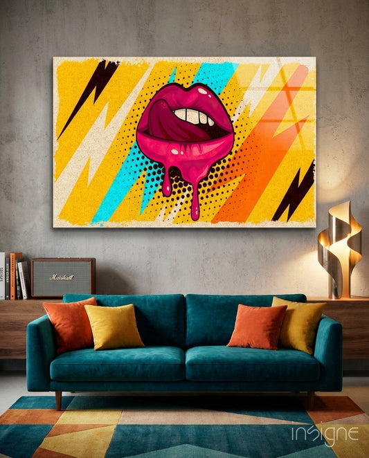 Pop Art Dripping Lips With Lightning Bolts Glass Wall Art