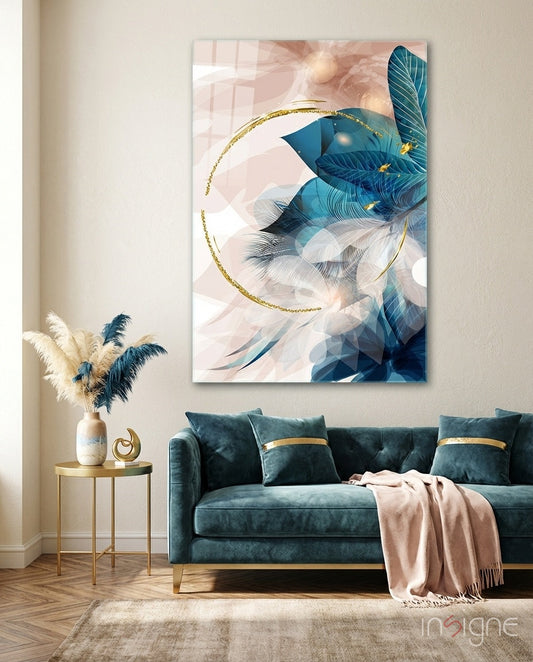 Gold Ring and Teal Feather Blooms Glass Wall Art