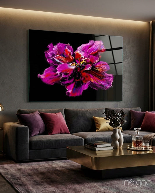 Magenta and Red Painted Peony Glass Wall Art