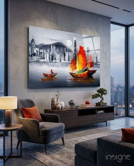 Red Sail Junk Boat Gray Skyline Glass Wall Art