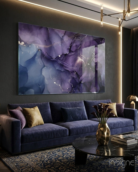 Purple Lavender Gold Ink Glass Wall Art
