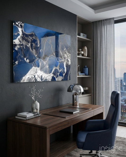 Royal Blue White Ink Glass Wall Art