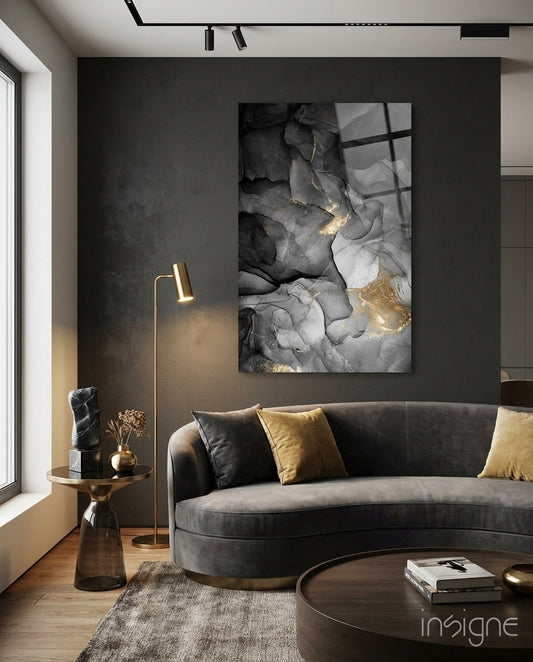 Charcoal Black Gold Ink Glass Wall Art