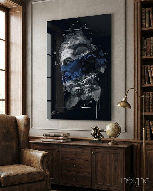 Navy Blue Paint Stripe Poseidon Bust Glass Wall Art