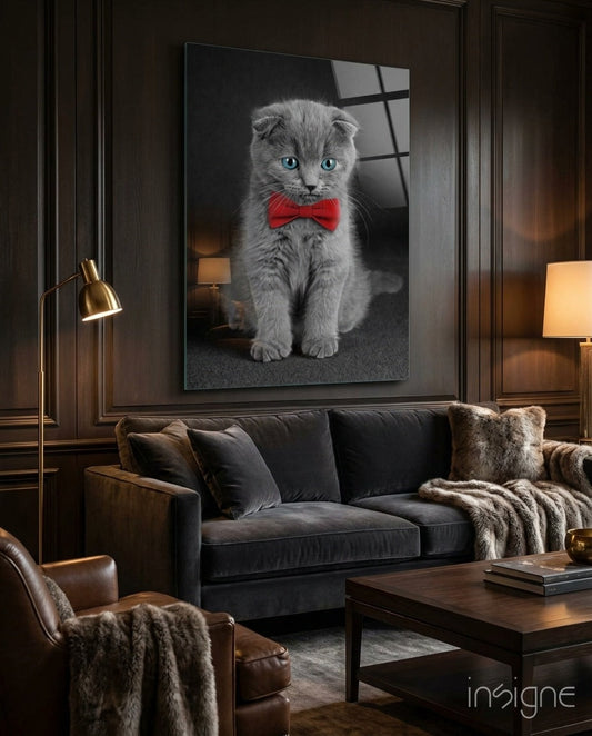 Gray Kitten Red Bow Tie Glass Wall Art