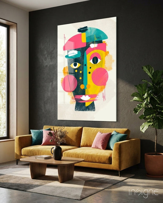 Pink Yellow Collage Cubist Face Glass Wall Art