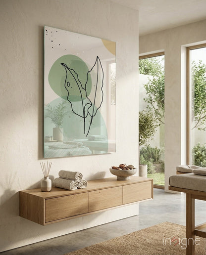 Twin Leaves Sage Green Line Glass Wall Art