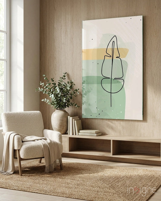 Line Art Leaf Sage Yellow Glass Wall Art